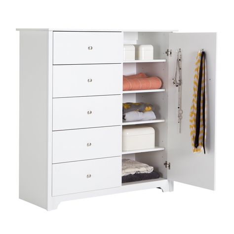 South Shore Vito Door Chest with 5 Drawers, White - Walmart.com - Walmart.com White Armoire, White Chest Of Drawers, Door Chest, 8 Drawer Dresser, White Chests, 5 Drawer Chest, Metal Drawers, Dressers And Chests, South Shore