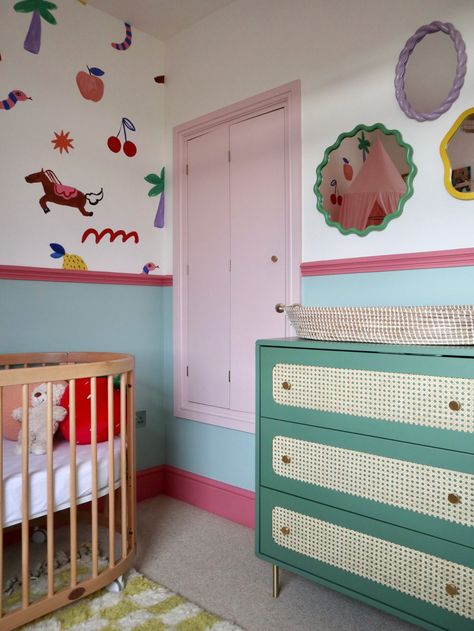 Our Daughter's Colourful Nursery - Meg Monde - Interiors How To Design A Nursery, Happy Nursery Ideas, Quirky Nursery Ideas, Nursery Aesthetic Colorful, Funky Baby Nursery, Colourful Childrens Bedroom, Nursery Ideas Colourful, Colorful Eclectic Nursery, Funky Nursery Ideas