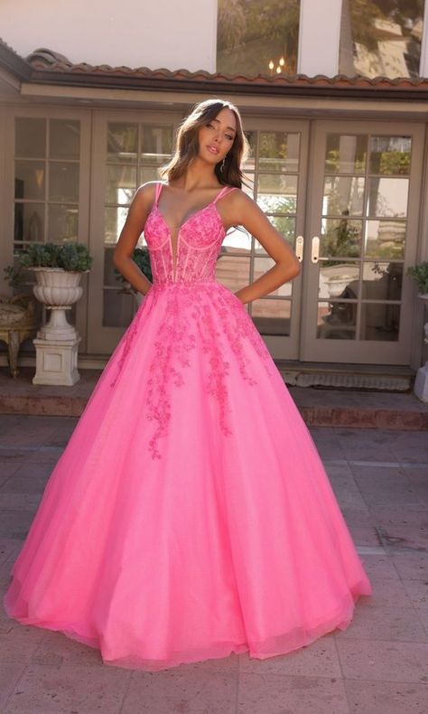 prom dress Hot Pink Floor Length Dress, Different Styles Of Prom Dresses, Big Formal Dresses, Grad Dresses Ball Gowns, Big Prom Dresses Ball Gowns Pink, Fancy Dresses For Prom, Beautiful Long Dress, Flowing Prom Dress, Hot Pink Corset Prom Dress