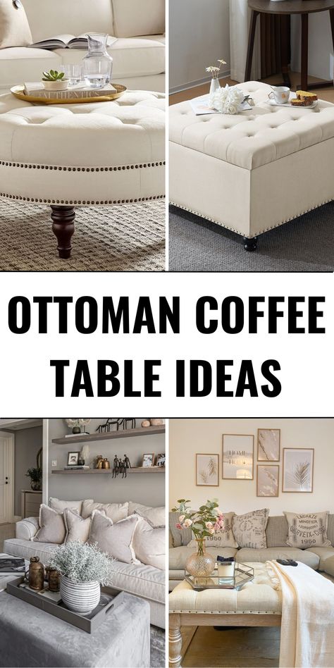 22 Ottoman Coffee Table Ideas: Stylish, Functional Designs for Every Living Room - placeideal.com Styling An Ottoman Coffee Table, How To Decorate An Ottoman, Ottoman Coffee Table Ideas, Ottoman Decor Living Room, Ottoman Coffee Table Decor, Upholstered Ottoman Coffee Table, Square Ottoman Coffee Table, Tufted Ottoman Coffee Table, Leather Ottoman Coffee Table