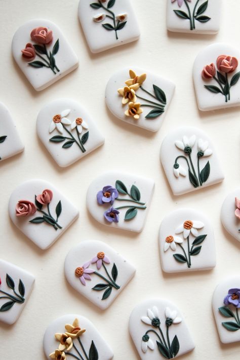 Oliver and Etta Polymer Clay Earrings Design Ideas, Polymer Clay Earring Designs, Polymer Clay Earrings Flowers, Floral Polymer Clay Earrings, Fimo Earrings Ideas, Easy Clay Earrings, Spring Polymer Clay Earrings, Easy Polymer Clay Earrings, Clay Earrings Diy Ideas