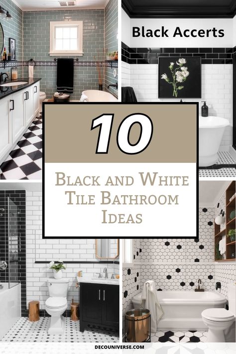 Revamp your bathroom with timeless elegance using black and white tiles! Discover 10 stunning bathroom ideas that blend style and functionality, from classic checkerboard patterns to modern mosaics. Elevate your space with bold graphic designs or textured accents, creating a chic sanctuary that reflects your unique taste. Transform daily routines into elegant experiences! Bathroom Black Grout White Tiles, Farmhouse Bathroom With Black Floor, Black And White Quartz Countertops Bathroom, Bathroom With White Tile Walls, Bathrooms With Black And White Floors, Small Bathroom Remodel Black And White, Bathroom With Black And White Tile, Black And White Spa Bathroom, Black White Bathrooms Small