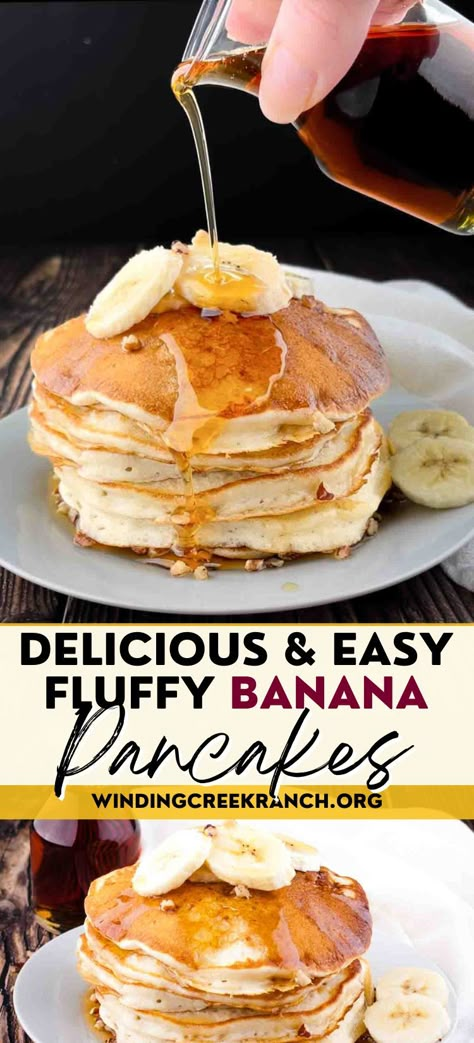 Banana pancakes stacked on a plate and topped with sliced bananas, chopped pecans, and maple syrup. Fluffy Banana Pancakes Healthy, Banana Pancakes No Flour, Banana Pancakes Easy, Buttermilk Banana Pancakes, Homemade Banana Pancakes, Pancakes With Banana, Easy Banana Pancake Recipe, Banana Nutella Muffins, Best Buttermilk Biscuits