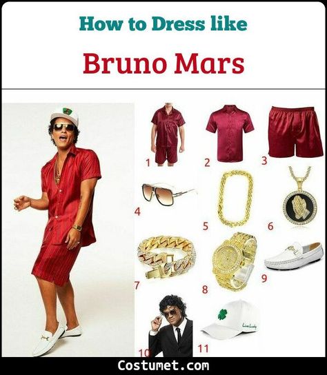 Musicians Halloween Costumes, Famous Musician Costume Ideas, Music Artist Halloween Costumes, Bruno Mars Halloween Costume, Halloween Costumes 2022 Men, Men’s Costumes Halloween, Famous Singer Costumes, Iconic Singers Costumes, Bruno Mars Outfit Ideas