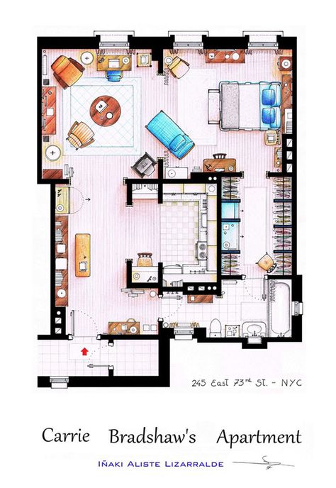 See your favorite TV or movie apartment brought to life with the intuitive work of artist Inaki Aliste Lizarralde. Sadly not all floor plans are as readable as this one. The complex world of commercial interior design often intimidates the inexperienced. Our expert design team can guide you through the interior design process for a uniquely branded office. Visit www.sdofficedesign.com. #SDOfficeDesign #gorgeousOffice #OfficeDesigner #interiorDesign #BrandedDesign #bestofficedesign Carrie Bradshaw Apartment, One Room Apartment, Kristin Davis, Apartment Floor Plan, Real Estat, Apartment Layout, Dream Apartment, Nyc Apartment, Sims House