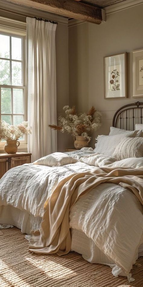 Idea Bilik Tidur, Reka Bentuk Bilik Tidur, Hiasan Bilik Tidur, Casa Country, Casa Vintage, Cottage Bedroom, Neutral Bedroom, Country Bedroom, Master Bedrooms Decor