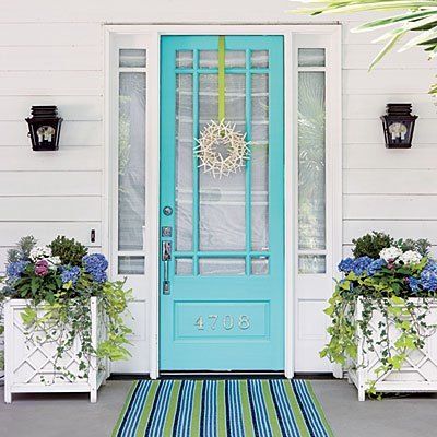 Beautiful Doors - entry door in Valspar Simply Aqua Painted Front Door Ideas, Bright Front Doors, Teal Front Doors, Summer Front Porch Decor, Summer Porch Decor, Blue Front Door, Front Door Makeover, Beautiful Front Doors, Front Door Paint Colors