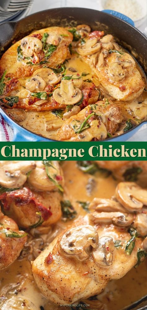 Get fancy in the easiest possible way! This creamy champagne chicken recipe is simple and easy to make all in one skillet and is so perfectly delicious! It's a great option for date night, dinner party or special occasion, and it's ready to serve in 40 minutes. Dinner Date Recipes, Champagne Chicken, Tailgate Treats, Night Dinner Recipes, Fancy Dinner Recipes, Date Night Dinner, Date Night Recipes, Gourmet Dinner, One Skillet