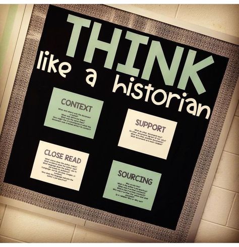 Part of the humanist theory is teaching the process historians use in history. These ideals on the board will be used to teach students how to think like a historian. Civics Teacher Classroom, 8th Grade Us History Classroom Decor, Middle School Social Studies Classroom Decor, 8th Grade History Classroom Decor, Ancient History Classroom Decor, High School Government Classroom Decor, Civics Bulletin Board Ideas, High School Us History Classroom Decor, Social Studies Bulletin Boards 5th Grade