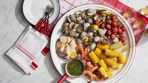 This recipe comes from Martha's latest book "One Pot: 120+ Easy Meals from Your Skillet, Slow Cooker, Stockpot, and More." Clambake Recipe, Martha Stewart Cooking School, Pbs Food, Clam Bake, Cooking School, One Pot Meals, Martha Stewart, Seafood Recipes, Ingredients Recipes