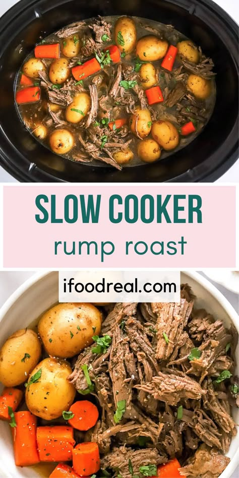 Slow Cooker Rump Roast with tender beef, veggies in delicious gravy. You need 5 minutes & simple ingredients for this Crock Pot roast recipe. Slow Cooker Beef Rump Roast, Slow Cooker Rump Roast, Rump Roast Crock Pot Recipes, Rump Roast Recipe, Crockpot Rump Roast, Rump Roast Recipes, Crock Pot Roast, Crockpot Pot Roast, Healthy Winter Recipes