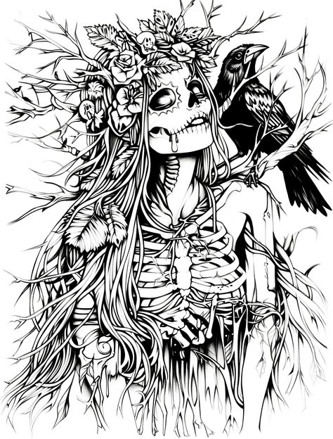 Grim Fairy Tales Coloring Pages, Horror Coloring Pages For Adults, Free Witch Coloring Pages, Coloring Book Art Beautiful, Satanic Coloring Pages, Gothic Line Art, Gothic Coloring Pages For Adults, Dark Line Art, Gothic Doodles