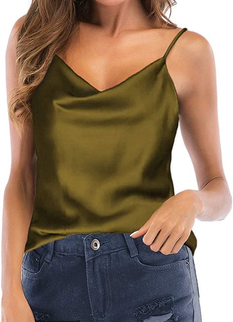 TOUTOUAI Women's Cowl Neck Camis Satin Tank Top Camisoles Blouses (Army Green, US 12) at Amazon Women’s Clothing store Cowl Neck Tank Top, Cowl Neck Cami, Satin Tank Top, Fashion Tape, Satin Camisole, Tank Top Camisole, Satin Top, Comfortable Tops, Other Outfits