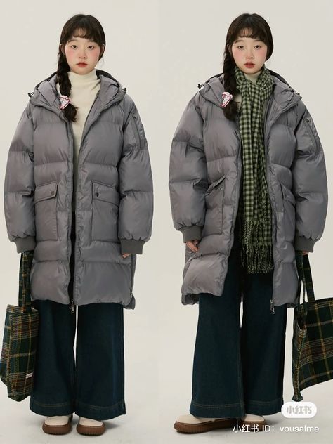 Gray Puffer Jacket Outfit, Juminocore Outfit, Puffy Coat Outfit, Long Puffer Jacket Outfit, Puffy Jacket Outfit, Japan Outfit Winter, Gray Puffer Jacket, Tokyo Outfits, Girly Winter