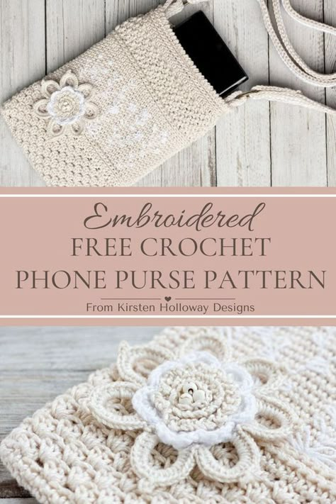 Create a feminine phone purse with this free crochet pattern! Perfect for beginners and intermediate crocheters, this project features a strap, ID pocket, and customizable options for embroidered flowers, layered flowers, or fringe. Find this free crochet pattern idea for your next project on Kirsten Holloway Designs. Crocheted Purses Free Pattern, Crochet Phone Case Pattern Free, Crochet Phone Purse, Crochet Cell Phone Bag, Phone Purse Pattern, Sunflower Granny Square Pattern, Phone Bag Crochet, Yarn Bags, Sunflower Granny Square