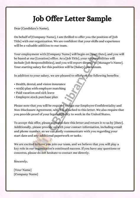 Job Offer Letter | Format, Sample, Template and How To Write a Job Offer Letter? - CBSE Library Job Offer Letter Format, Job Offer Letter From Employer, Offer Letter Format, Job Offer Letter, Employment Letter, Letter Format Sample, Letter Writing Samples, Job Letter, Application Writing