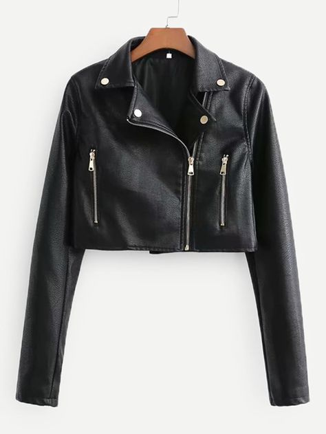 Zip Detail PU Biker Jacket -SHEIN(SHEINSIDE) Cropped Biker Jacket, Zippers Fashion, Retro Jacket, Pu Leather Jacket, Vintage Denim Jacket, Outwear Jackets, Long Sleeves Coats, Leather Motorcycle Jacket, Leather Jacket Black