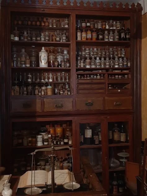 Antique Store Aesthetic Dark, Witch Shop Aesthetic, Aesthetic Pharmacy, Victorian Pharmacy, Pharmacy Aesthetic, Herbalist Shop, Wylan Van Eck, Old Pharmacy, Herbal Medicine Cabinet