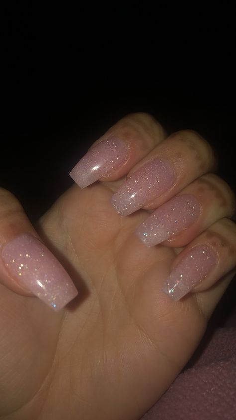 Soft Pink Nails With Glitter Sparkle, Simple Shiny Nails, Simple Pink Glitter Nails, Natural Acrylic Nails With Glitter, Nails Natural With Glitter, Glitter Light Pink Nails, Shimmery Nails Acrylic, Sheer Pink Glitter Nails, Light Glitter Pink Nails