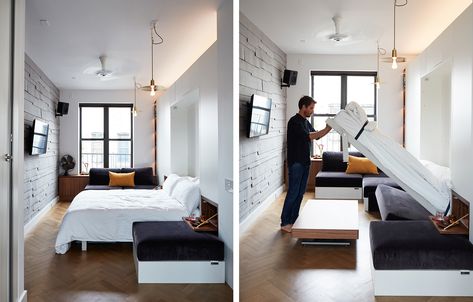 Small living advocate Graham Hill lists his 350-square-foot Soho micro apartment for $750K | 6sqft Narrow Bedroom Decor, Small Narrow Bedroom, Studios Apartment, Decorating Small Spaces Apartments, Small Condo Decorating, Narrow Bedroom, Graham Hill, Modern Living Room Ideas, Studio Apartment Living