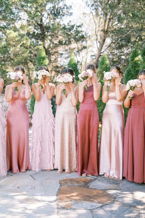 Bridesmaids with Petite Spring Boquets in Mix-and-Match Dresses in Shades of Pink Mauve Mix Match Bridesmaid Dress, Mismatched Bridesmaid Dresses Dusty Rose, Pink And Floral Bridesmaid Dresses, Pink Shades Bridesmaid Dresses Mix Match, Mixed Blush Bridesmaid Dresses, Mismatched Light Pink Bridesmaid Dresses, Pink Bridesmaid Aesthetic, Pink And Green Mismatched Bridesmaids, Different Shade Pink Bridesmaid Dresses