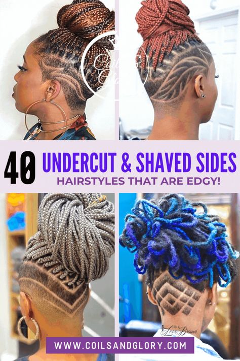 Shaved Side Braided Hairstyles, Shaved Side Natural Hairstyles, Natural Undercut Hairstyles Black Women, Side Shave Designs For Women, Mohawk Loc Styles Black Women, Haircut Designs For Women Black, Undercut Shaved Sides, Mirco Locs, Side Shave Design