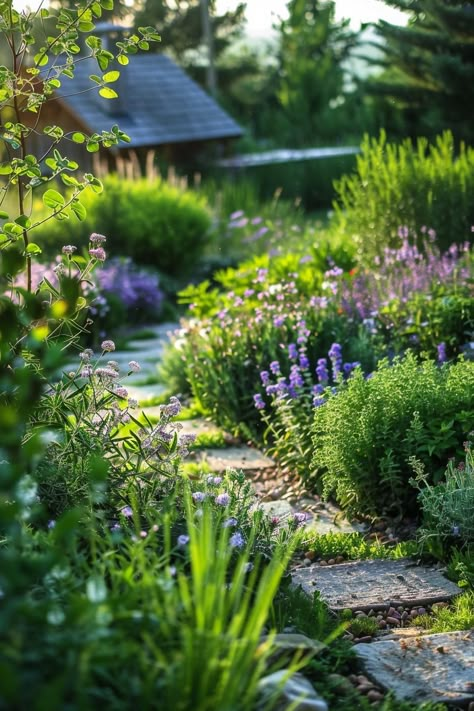 38 Unique Herb Garden Ideas for Indoor and Outdoor Spaces Lavender Backyard Landscaping, Wild Herb Garden, Monochrome Garden, Herb Garden Ideas, Mediterranean Patio, Outdoor Herb Garden, Dark Garden, Fairy Garden Ideas, Path Ideas