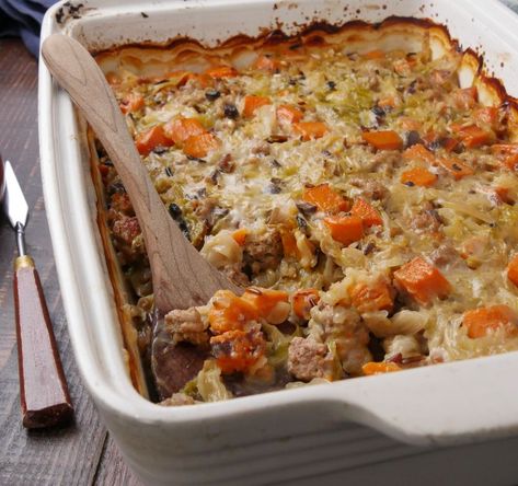 Festive Fall Casserole With Turkey And Cabbage Is The Perfect Comfort Food Recipe and Video Wild Rice Sweet Potato, Cooktop Cove Recipes, Turkey And Cabbage, Tuna Casseroles, Fall Casserole, Easy Delicious Casseroles, Rice Sweet Potato, Smoked Sausage Casserole, Fall Casseroles