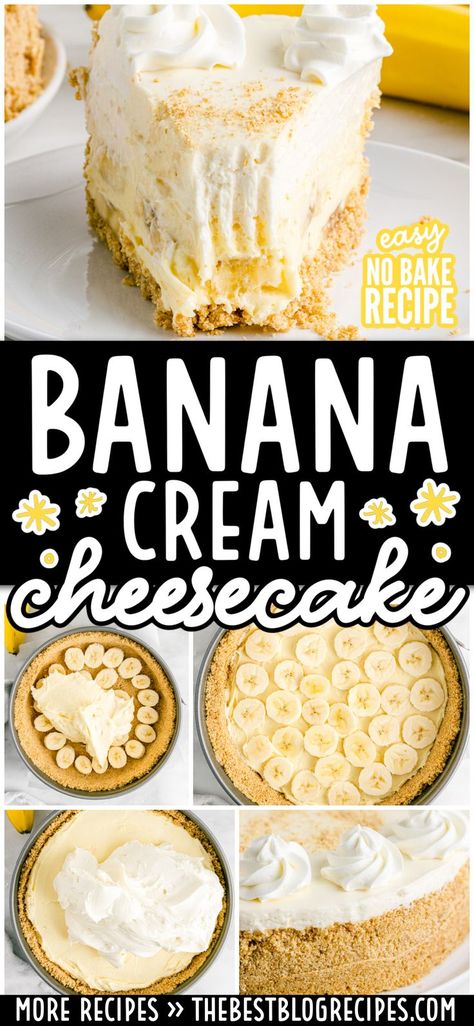 Banana Cream Cheesecake Creamy Banana Cheesecake, Banana Cream Cheesecake, Yummy Cheesecake, Banana Cheesecake, Cream Cheesecake, Banana Dessert, Banana Cream Pie, Banana Cream, Cheesecake Recipe