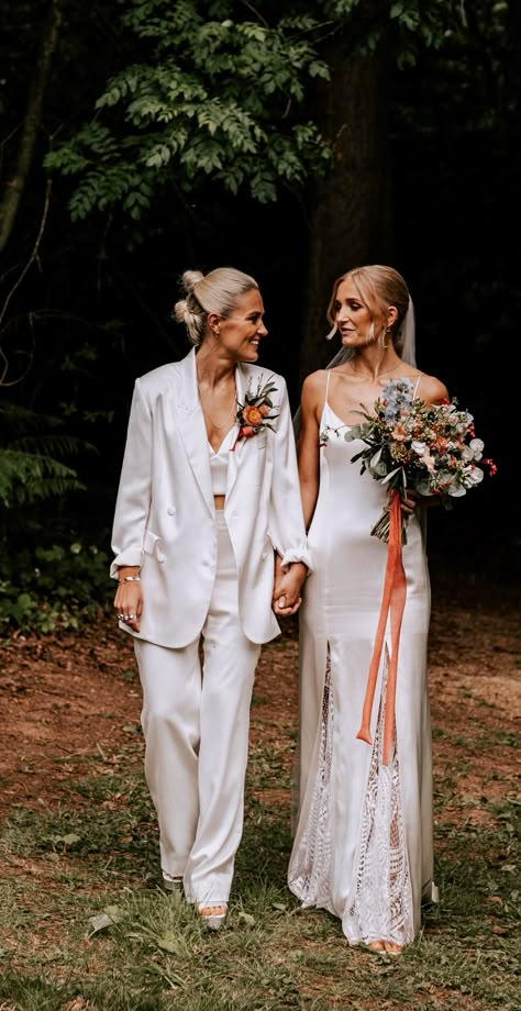 Two Brides Wedding Photography, Androgynous Wedding Attire, Lesbian Wedding Suit, Lesbian Wedding Outfits, Wlw Wedding, Simple Slip Dress, Masculine Wedding, Bride Suit, Queer Weddings