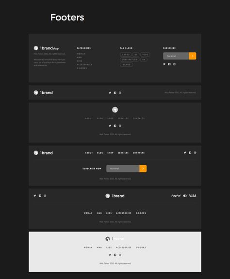 Introducing OneBrand UI Kit for Sketch. Stylish kit with bold typography and hundreds clean elements in 10 different categories: e-commerce, blog, headers, footers, navigation, widgets, post, forms, base elements and sample pages. Header And Footer Design, Desain Ux, Mise En Page Web, Blog Headers, Ui Design Mobile, Wireframe Design, Desain Ui, Footer Design, Web Ui Design