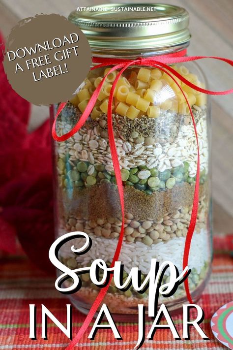 Need a last minute holiday gift that you can put together in a hurry? Try this soup mix in a jar! Layer in the ingredients and tie on a recipe card and you're done! #holiday #christmas #gifts Dry Soup Mix Recipes, Friendship Soup, Soup Mix In A Jar, Homemade Soup Mix, Mason Jar Gifts Recipes, Jar Food Gifts, Mason Jar Soup, Mason Jar Mixes, In A Jar Recipes