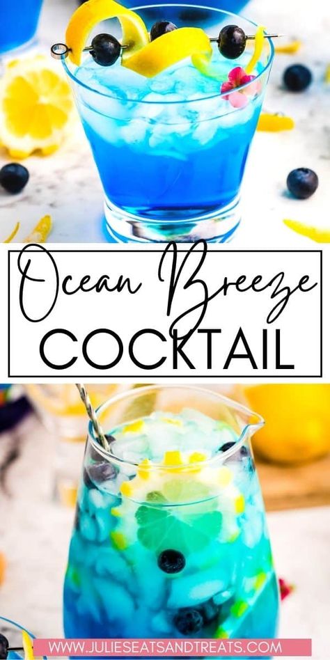 Easy tropical drink that's quick to make in either single serving or a large batch! This Ocean Breeze Cocktail is a delicious mixture of blue curacao, rum and lemonade. Perfectly refreshing on a hot summer day at the lake, pool or a backyard party! Ocean Breeze Cocktail, Cocktails With Blue Curacao, Blue Curacao Drinks, Rum And Lemonade, Tropical Cocktail Recipes, Pool Party Drinks, Pool Drinks, Day At The Lake, Summer Drinks Alcohol