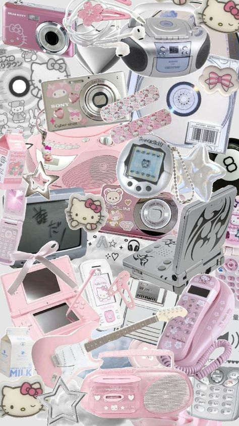 ‧₊˚🖇️✩ ₊˚🎧⊹♡ pink & silver y2k nostalgic clutter page wallpaper background #pinkcore #y2k #aesthetic #sanrio #2000s #hellokitty #kawaii T2k Wallpaper, Hello Kitty 2000s Wallpaper, Hello Kitty Y2k Wallpaper, Sanrio 2000s, Y2k Hello Kitty Wallpaper, Backgrounds Y2k, Pink Y2k Wallpaper, Page Wallpaper, Silver Y2k