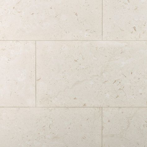 This 16 x 32 Fossil Beige 16x32 Brushed Limestone Tile is beige. Natural stone's ageless beauty is highlighted with brushed finish tiles, giving the surface of the tile a textured look. Sourced from quarries in Turkey, this is a high quality, authentic natural stone. Limestone has an inherently classic look that gives an old world appeal to any room. Over time, the natural weathering effects give the stone a sense of unique personality. Limestone is a natural stone, featuring muted tones and neu Cream Bathroom Tiles Color Schemes, Limestone Tile Floor, Limestone Bathroom Tiles, Limestone Texture, Limestone Floor Tiles, Modern Mediterranean, Basalt Stone, Limestone Wall, Limestone Flooring