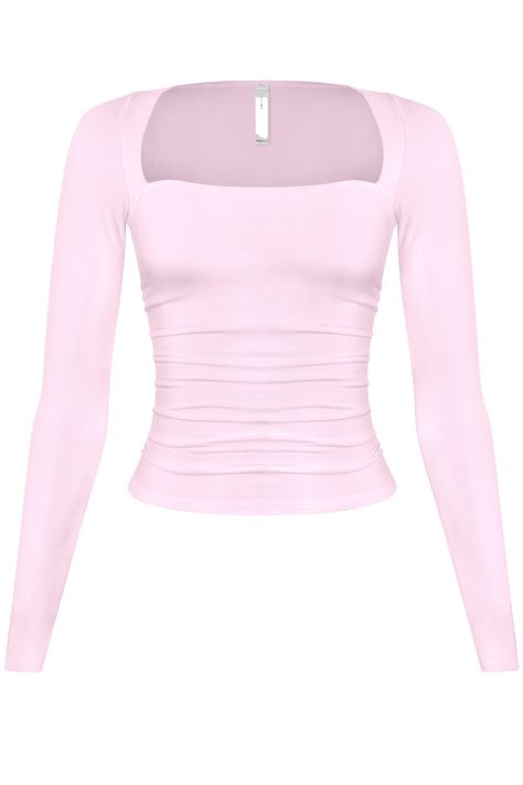 Deep Scoop Neckline Side Ruching Detail Stretchy Double layered. Soft and buttery fabric Cute Tops Sweaters, Tops For Winter Long Sleeve, Pink Compression Shirt, Light Pink Long Sleeve Top, Pink Fall Clothes, Soft Pink Aesthetic Clothes, Pink Fitted Long Sleeve Top, Wish List Clothes, Winter Tops For Women Long Sleeve