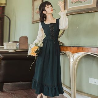 Nebbia Mock Two-Piece Long-Sleeve Lace-Up Midi A-Line Dress | YesStyle 1870s Dress, 19th Century Dress, German Dress, Op Dress, Century Dress, 2024 Outfits, Cottagecore Dress, Antique Dress, European Vintage