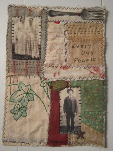 a great idea for a 'treasured' fork and photos of a loved person! Sewn Art, Felt Embroidery, Fabric Journals, Textile Fiber Art, Memory Quilt, Arte Inspo, Art Quilt, Slow Stitching, Fabric Book