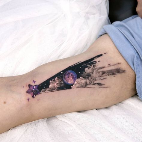 Opening Tattoo, Galaxy Tattoo Sleeve, Tatuaje Cover Up, Shooting Star Tattoo, Colour Tattoo For Women, Sky Tattoos, Night Tattoo, Cuff Tattoo, Planet Tattoos