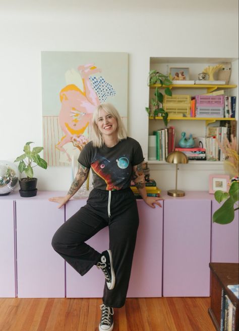 Purple ivar cabinets, bright colorful interior design, colorful living room, vintage space tshirt, chef pants, converse Ivar Shoe Cabinet, Ivar Living Room, Interior Design Colorful, Interior Purple, Purple Cabinets, Colorful Living Room, Living Room Vintage, Space Tshirt, Purple Home Decor