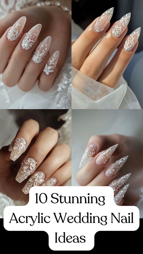 Elegant bridal hand showcasing stunning acrylic wedding nails with intricate designs, perfect for a stylish and memorable big day. Wedding Day Nails For Bride Coffin, Acrylic Nail Designs For Brides, Long Square Wedding Nails, Nail Design For Wedding The Bride, Best Bridal Nails, Wedding Inspired Nails, Mexican Wedding Nails, Wedding Nails For Bride Classy Bridal Sparkle, Wedding Nails For Bride Pearl