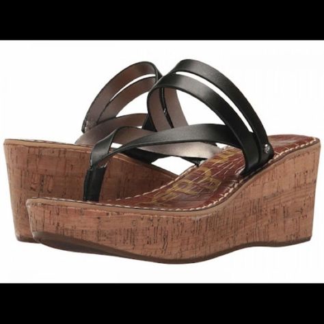 Sam Edelman Rasha Sandal Size 10 Black Leather Cork Heel Platform New Without Box Feather Sandals, Sam Edelman Sandals, T Strap Flats, Ankle Strap High Heels, Snakeskin Heels, Leather Thong Sandals, Cork Wedges Sandals, Leather Slide Sandals, Studded Sandals