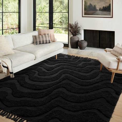 Cowhide Rug On Top Of Rug, Rugs For Industrial Living Room, Green Couch Black And White Rug, Black Cream Living Room Decor, Pretty Rugs For Bedroom, Layer Area Rugs In Living Room, White Couch Black Rug, Black And Gold Farmhouse Decor, Black And Cream Rug Living Room