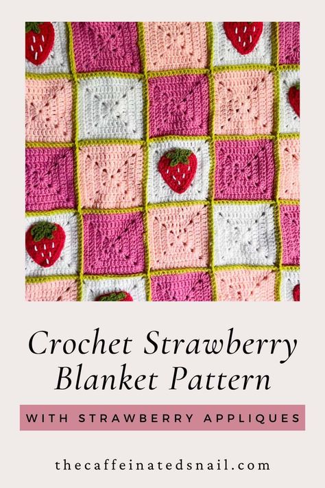 Embrace the strawberry trend by making this cute Crochet Strawberry Blanket Pattern. Made with solid granny squares and crochet strawberry appliques, it is easy to adjust the size from a baby blanket all the way to king. Crochet Strawberry Blanket, Cute Crochet Strawberry, Strawberry Granny Square, Strawberry Crochet Pattern, Strawberry Blanket, Strawberry Skirt, Strawberry Crochet, Crochet Strawberry, Crochet Things