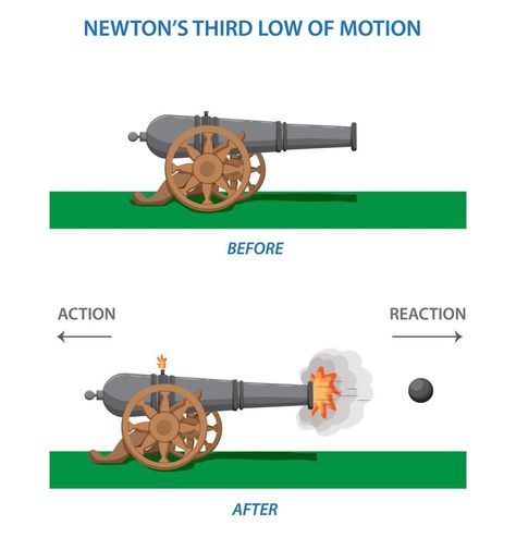 Newton Third Law of Motion Infographic Diagram showing action reaction force direction example of cannon and cannon ball Newton's First Law Of Motion Examples, Law Of Action And Reaction, Newton's Third Law Of Motion, Motion Infographic, Newton's First Law Of Motion, Newtons Third Law Of Motion, Infographic Diagram, Newton's Third Law, Newtons Laws Of Motion