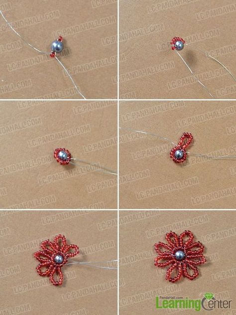 make another red seed bead flower Seed Bead Flower Necklace, Bead Flower Necklace, Seed Bead Flower, Fuchsia Plant, Seed Bead Projects, Beaded Flowers Patterns, Beaded Hair Clips, Seed Bead Flowers, French Beaded Flowers