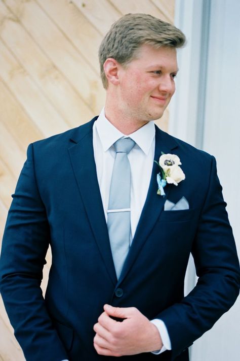 Spring Wedding | Barn South | Talmo, GA Navy Suit and Light Blue Tie for Groom Blue Suit For Wedding, Navy Wedding Suit Groom, Navy Blue Suit Groom, Navy Suit Tie, Blue Wedding Suit Groom, Navy Groomsmen Suits, Navy Blue Suit Wedding, Groom Suit Navy, Navy Blue Groom