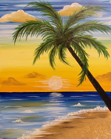 Tropical Sunset Painting, Hawaii Painting Easy, Sunset Beach Painting, Easy Nature Paintings, Sunset Painting Easy, Beach Sunset Painting, Maui Sunset, Easy Landscape Paintings, Painting Parties