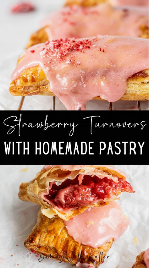 These strawberry turnovers with puff pastry are completely homemade, using a  rough puff pastry and strawberry filling. The flaky puff pastry is super tender and light, and it’s coated in a pretty pink strawberry glaze.  You can use grocery store puff pastry sheets for extra easy strawberry turnovers, but homemade rough puff pastry isn’t hard to make and tastes even better! Strawberry Turnovers, Strawberry Puff Pastry, Dinner List, Rough Puff Pastry, Homemade Pastry, Turnover Recipes, Hand Pie Recipes, Strawberry Glaze, Strawberry Preserves