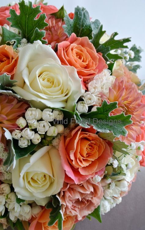 Coral and peach brides bouquet, Miss Piggy Rose, Dahlia, Gyp, Bouvardia, Carnations, Dusty miller. Wedding Bouquets Dusty Rose, Tropical Bridal Bouquet, Bridesmaids Flowers, Flowers For Algernon, Carnation Bouquet, Flowers London, Flower Girl Bouquet, Brides Bouquet, Wedding Ceremony Backdrop